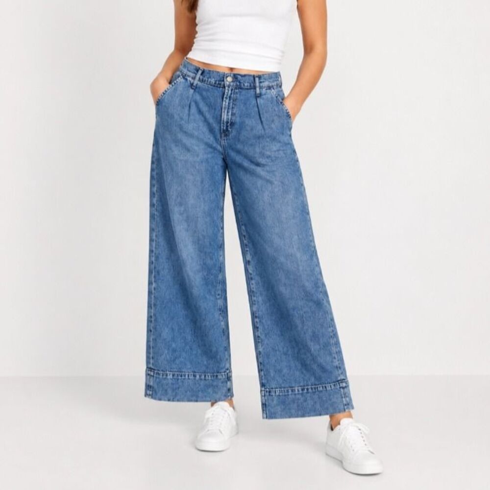 GAP High Rise Pleated Wide Leg Cropped Trouser Soft Jeans Size 16/33R Blue Denim